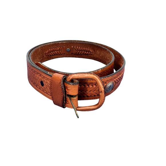 Justin Leather Belt Mens 38 Brown Top Grain Cowhide Tooled Braided Embellished - Picture 1 of 16